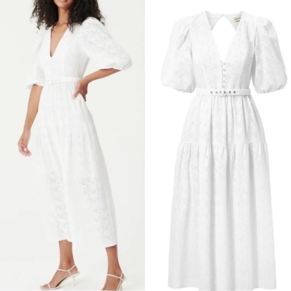 NICHOLAS White Puff Sleeve V-Neck Midi Dress